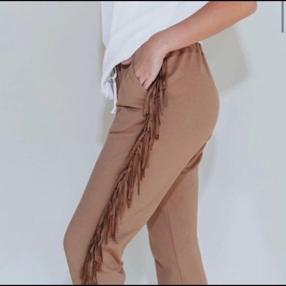 Kittenish Fringe Tan Joggers - Picture 2 of 6